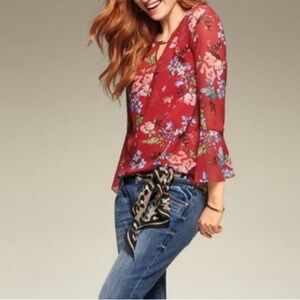 Cabi 3590 Devoted Blouse Red Floral Bell Sleeve Size S